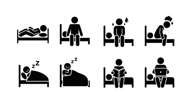 Set of stick figure icons depicting various activities and emotions in bed including sleeping reading and feeling depressed.
