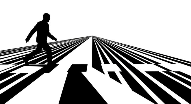 Silhouette of a man walking in a determined stride.