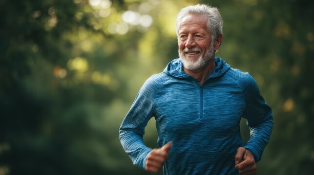 Smiling man jogging in park with copy space