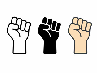 Obraz premium Unity and diversity symbolized by three raised fists icon in different skin tones