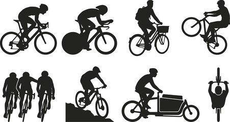 Obraz premium Cycling Silhouette Collection with Road Mountain Urban and Delivery Bicycle Rider Poses