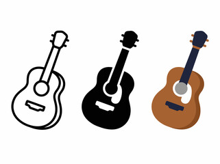 Naklejka premium Three acoustic guitars: outline, silhouette, and colorful illustration