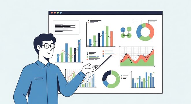 Businessman analyzing financial data charts on laptop.