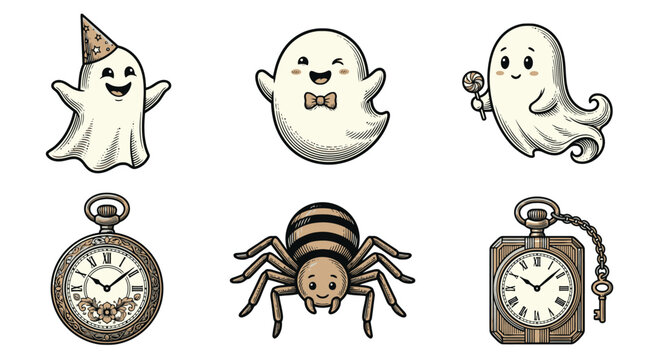 Halloween ghost and spider icons with clocks vector set.