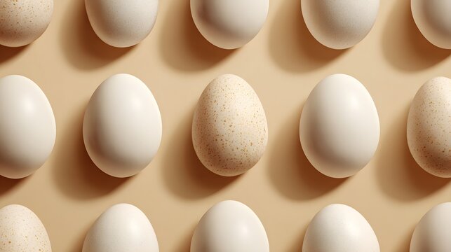 Seamless pattern of white chicken eggs with one speckled egg in the center on a neutral beige background.