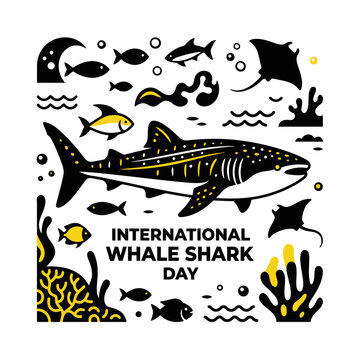 International Whale Shark Day Illustration: Whales, Rays, Fish, Coral, Underwater Scene