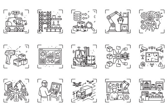 Set of linear icons for smart logistics automation and industrial technology