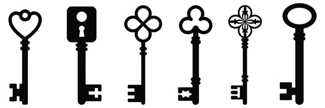 Door keys icon set, vintage key symbols, antique metal keys and padlock silhouettes, security access concept vector illustration collection.