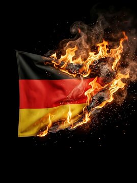 Fire burning on Germany flag. For geopolitical tension, international conflict, security challenges, military crisis, economic uncertainty, national resilience, and global instability
