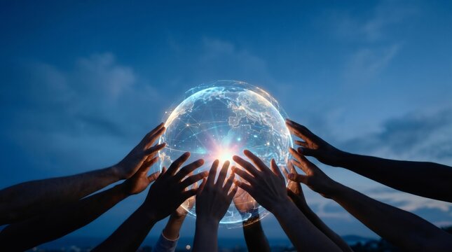 Multiple hands touching glowing digital holographic globe in night sky, global connection and teamwork concept