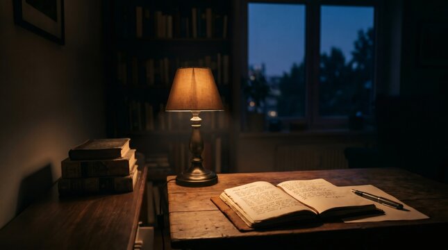 Antique desk with open book and glowing lamp in dark room, late night studying and education concept