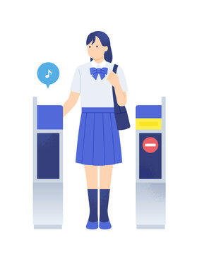 改札にタッチして通学する夏服の女子学生の全身イラスト素材