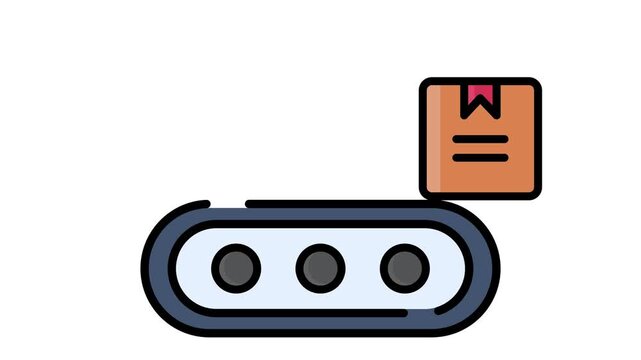 conveyor belt icon animation. boxes move smoothly from left to right along the top. Alpha channel, transparent background