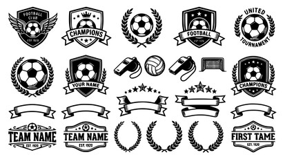Obraz premium Soccer football label vector set with monochrome emblems and badges
