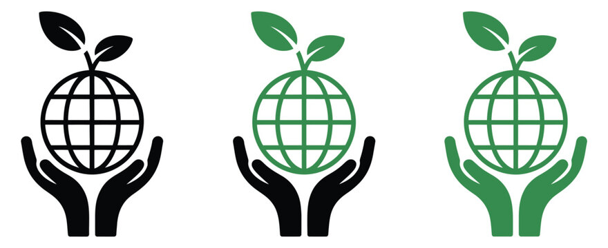 Eco care world icon set, hands holding globe with growing leaves, environmental protection and sustainability concept vector illustration