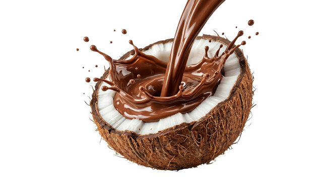 Chocolate pouring into a halved coconut on a transparent background