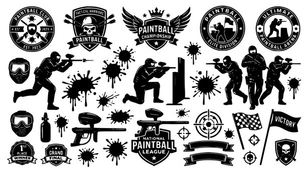 Paintball club label vector set with player silhouettes and emblems