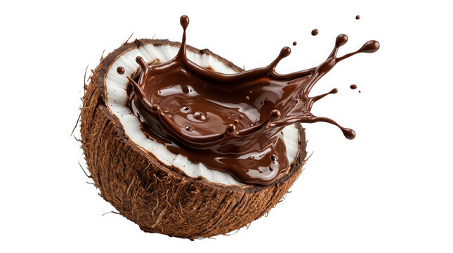 Chocolate pouring into a halved coconut shell isolated on transparent background