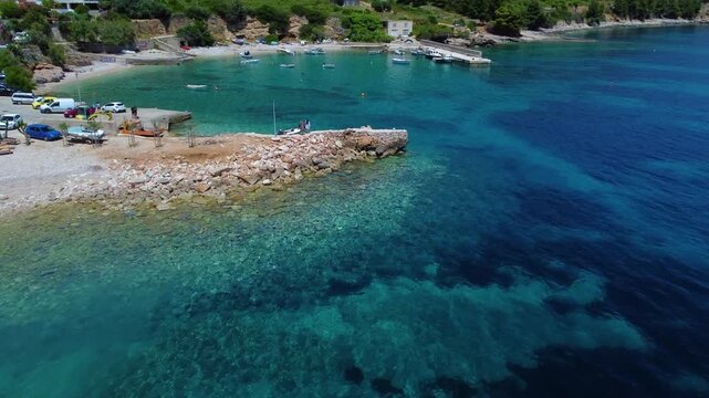 Aerial view of zavala beach and turquoise bay on hvar island, croatia