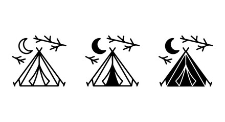 Tipi Tent Icons, Camping Night Scene, Moon and Branch Vector Graphics, Outdoor Adventure Symbols © mehrima