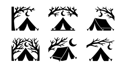 Fototapeta premium Camping Tent Icons, Night Sky Moon & Trees, Outdoor Adventure SVG Set