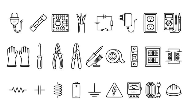  Electrician Tools and Electrical Engineering Outline Icon Set Vector EPS 10