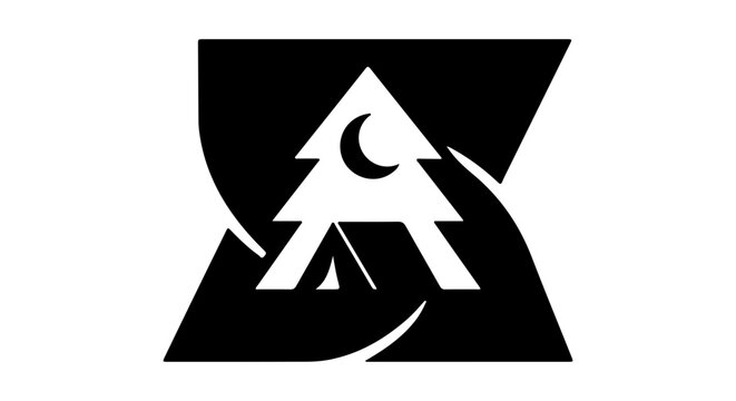 Abstract Geometric Forest Icon, Night Tree Silhouette, Crescent Moon Emblem, Modern Nature Logo