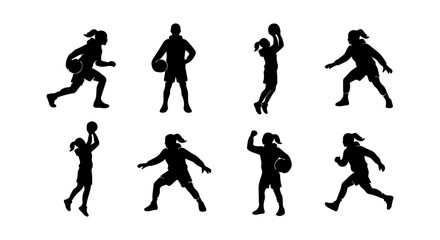Basketball Player Silhouettes, Female Athletes in Action Poses, Dynamic Sports Graphics, Vector Set © Taskin