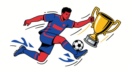 Soccer Player Kicking Ball with Trophy.
