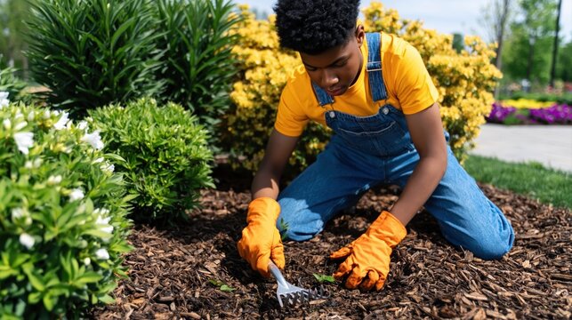 Gardening man as a gardener working in the yard with mulch for spring landscaping