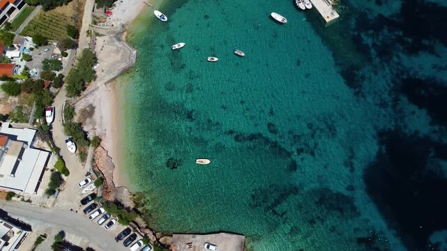Aerial drone flying over zavala beach in hvar island, croatia