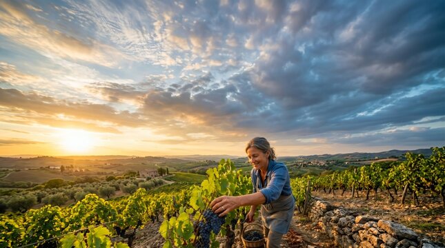 Smiling senior female farmer harvesting ripe purple grapes in sunlit vineyard, organic agriculture and winemaking concept