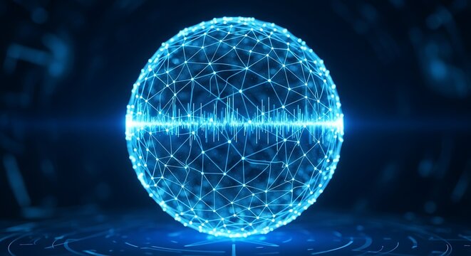 Abstract blue glowing digital sphere in darkness.