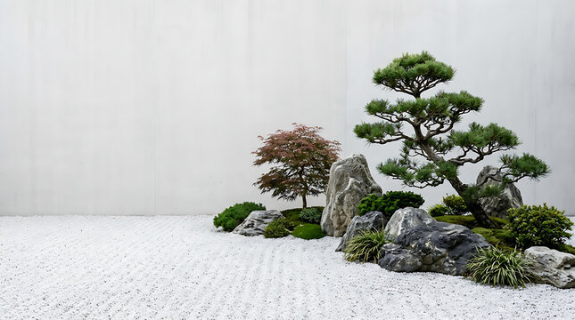 Minimalist japanese rock garden with pine and maple trees