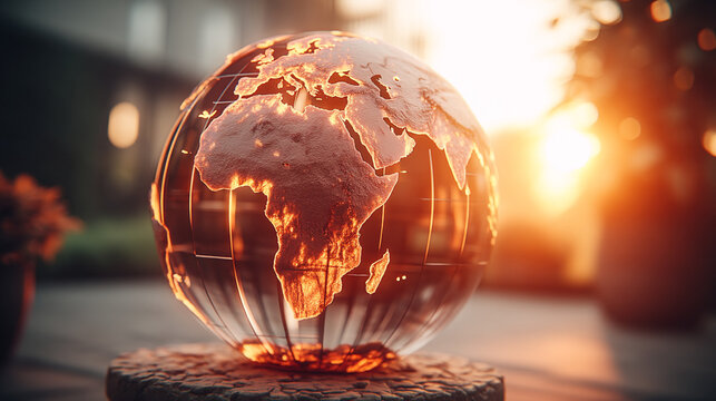 Glowing glass globe of the earth on a textured base at sunset golden hour