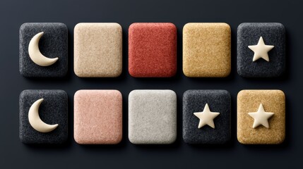 Fototapeta premium Creative arrangement of colorful textured square tiles featuring decorative celestial moon and star embellishments on surface