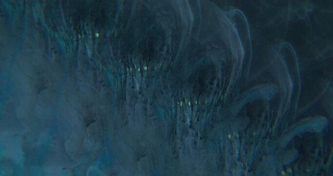 Grunge paint flow. Dye blend. Black blue blob on crystal glow sphere. Color drip mix defocused prism effect liquid abstract background.