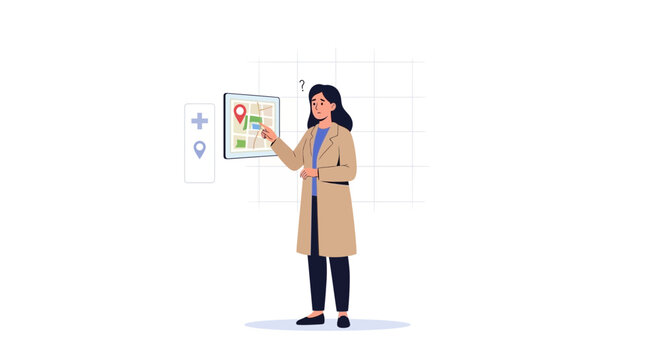 Woman confused by digital map interface, questioning navigation or location services