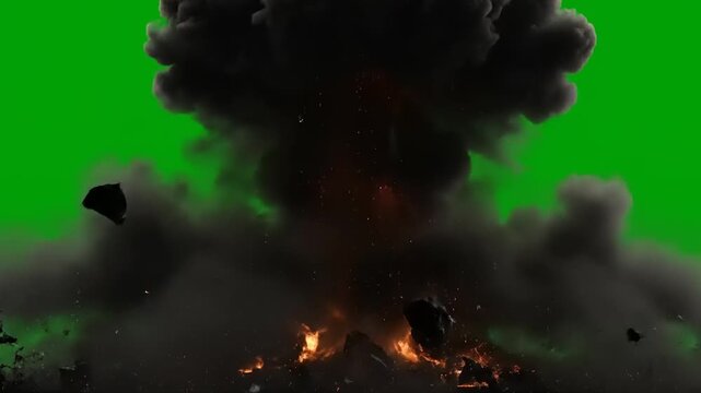Explosion with debris flying on green screen background.