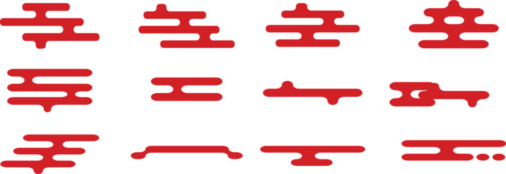 Red chinese calligraphy characters, Japanese cloud set, vector.