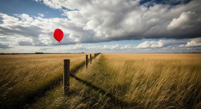 A field of tall grass under a vast, cloudy sky, with a single, out-of-place red balloon tied to a fence post.