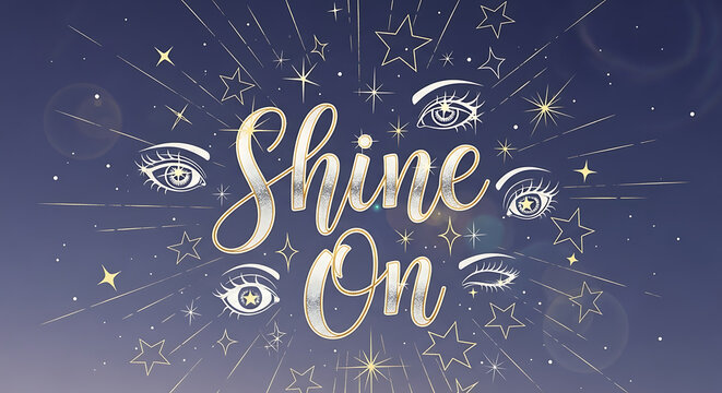 Inspirational Shine On phrase with stars and eyes background