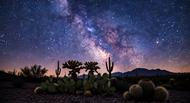 Dramatic sunset over a rocky desert landscape with cacti.