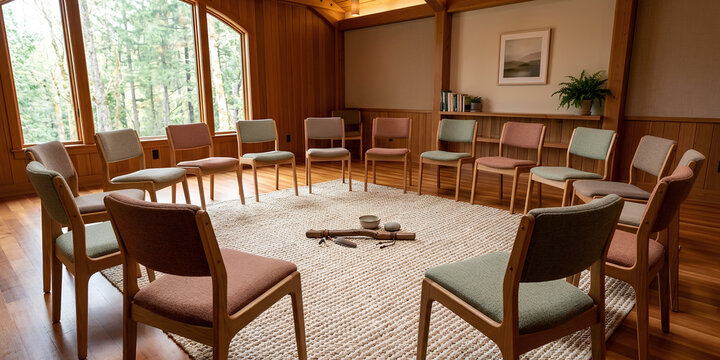 Empty circle of chairs in a serene meeting room bathed in natural light, ideal for group therapy, workshops, or community gatherings.