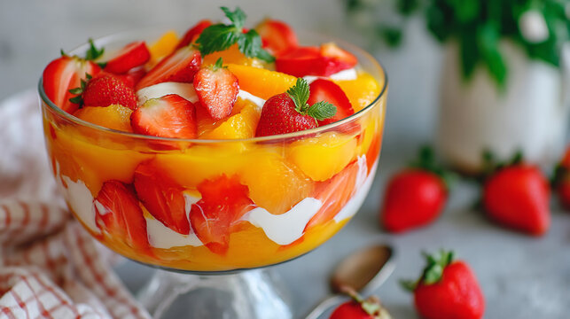 Glass trifle bowl filled with fresh strawberries and peach slices in cream, delicious