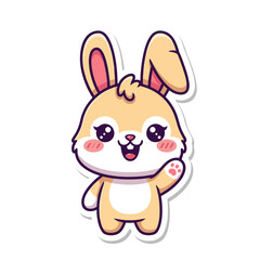 Obraz premium Cute Cartoon Bunny Sticker Waving Hello Happy Kawaii Rabbit Vector