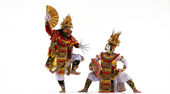 Two Balinese Topeng dancers in ornate traditional costumes posing on white backdrop