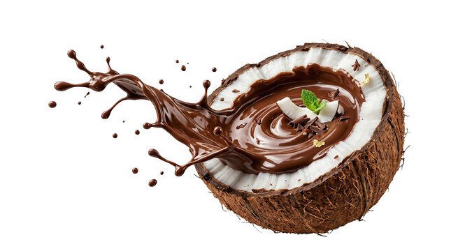Chocolate pouring into a halved coconut on transparent background