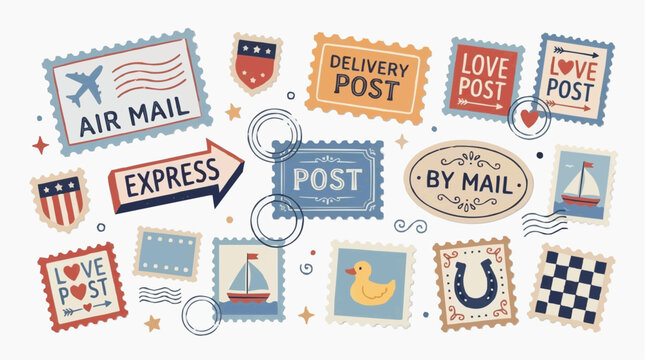 set of vintage retro labels Whimsical Retro Postage Stamps and Mail Stickers Set, Vintage Air Mail and Express Labels, Cute Pastel Vector Collection