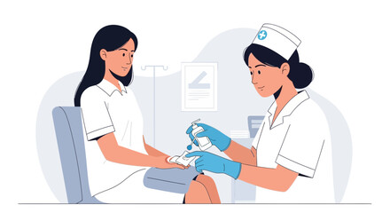Obraz premium Nurse checks patient's blood sugar level, medical examination, healthcare illustration